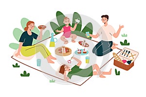 Happy family having picnic outdoors, vector doodle illustration of parents and children sitting on blanket, eating