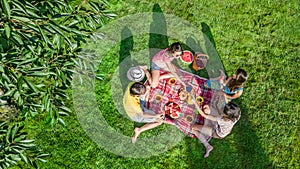 Happy family having picnic in park, parents with kids sitting on grass and eating healthy meals outdoors, aerial view from above