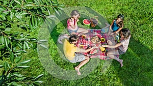 Happy family having picnic in park, parents with kids sitting on grass and eating healthy meals outdoors, aerial view from above