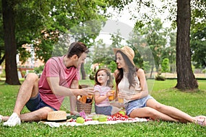 Happy family having picnic in park on summer