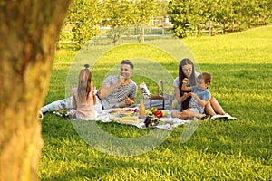 Happy family having picnic in park on summer day