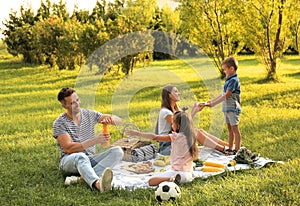 Happy family having picnic in park on summer day