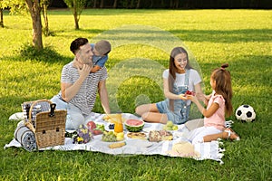 Happy family having picnic in park on summer day