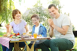 Happy family having picnic on summer day