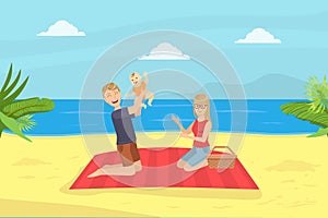 Happy Family Having Picnic on Tropical Beach at Summer Holidays Flat Vector Illustration