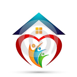 Happy Family in heart home house union logo parent kids love parenting care symbol icon design vector on white background