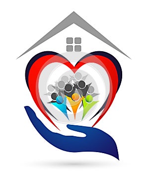 Happy Family in heart shaped logo love union home house roof logo parent kids parenting wellness care symbol icon design vector