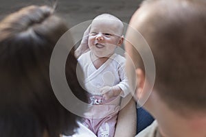 happy family with her baby girl at home. Lifestyle indoors and family love concept