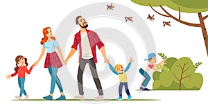 Happy family and hiking. Father, mother and children are traveling through in the forest. Trekking to nature. Vector