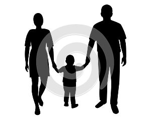 Happy Family Hold Hands Walking Together with Child Outdoor.