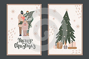 Happy family holding Christmas tree and gifts Greeting cards set