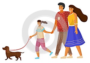 Happy family holding each other s hand, hugging, walking together outdoor with small dog summer day