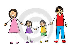 Happy family holding hands and smiling.