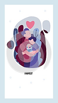 Happy family holding newborn child. Parents with infant baby. Father, mother, love cartoon concept. Vector web site