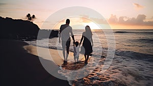 Happy family holidays. Joyful father, mother, baby son walk with fun along edge of sunset sea surf on black sand beach. Active