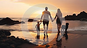 Happy family holidays. Joyful father, mother, baby son walk with fun along edge of sunset sea surf on black sand beach. Active