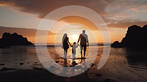 Happy family holidays. Joyful father, mother, baby son walk with fun along edge of sunset sea surf on black sand beach. Active