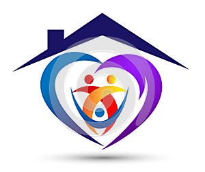 Happy family home/ house union, love heart shaped logo family care on white background
