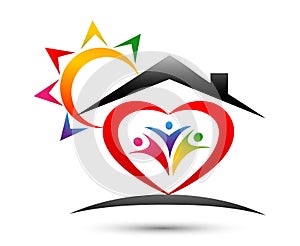 Happy family home/ house union, love heart shaped logo with sun on white background