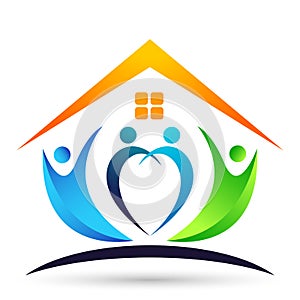 Happy family home/ house union, love heart shaped logo with sun on white background
