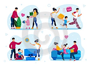 Happy Family Home Leisure and Relax Vectors Set