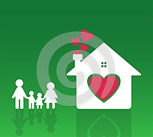 Happy family at home Mom and Dad stand holding hands with boys and girls. Home heart on the ground, blurred green background