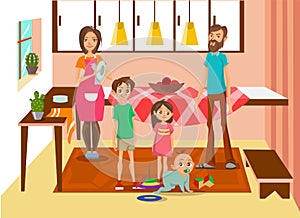 Happy family at home, mother, father and their three kids posing in kitchen interior colorful vector Illustration