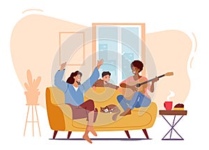 Happy Family Home Party Concept. Moms Girlfriend Playing Guitar and Singing Song, Parent and Child Characters Dance
