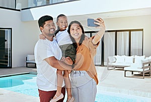 Happy family, home pool and phone selfie in backyard, outdoors and having fun. Love, support and care of parents