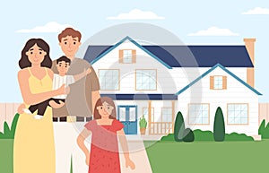 Happy family home. Young couple with kids in front of their house, real estate vector illustration