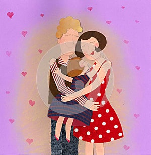 A happy family hugging in technique of textile and paper collage and watercolor