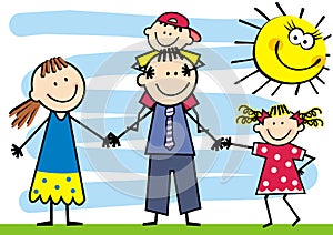 Happy family and humorous sun, vector illustration