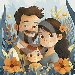 Happy family, illustration of mother, father and child hugging and joyful.