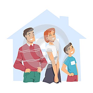 Happy Family Inside Outline House, Abstract Real Estate, Smiling Parents and their Son Planning to Buy New Dwelling Flat