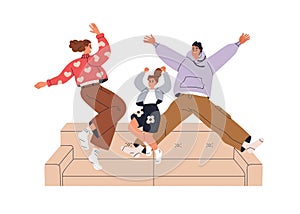 Happy family jumping. Excited joyful parents and kid celebrating together. Funny mom, dad and girl child having fun