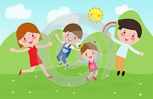 Happy family jumping on mountain landscape background. Father, mother and children are traveling to nature. holidays Isolated vect