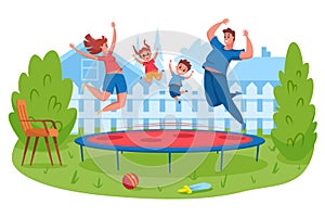 Happy family jumping on trampoline. Mother and father bounce together with children. Parents spending time with kids and