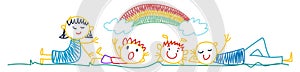 happy family kids drawing, flowers with rainbow Multicolored. Colorful symbols set hand drawn for kindergarten and school.