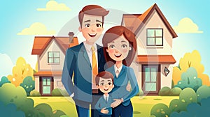 happy family with kids by new house smiling and hugging, buy new home or apartment concept, generative AI