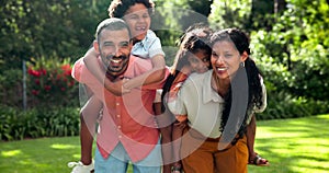Happy family, kids and parents piggyback in park with games, fun and excited for bonding, love and support. Portrait of