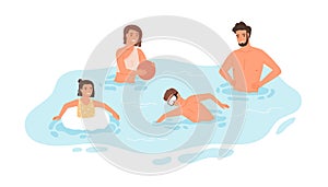 Happy family with kids swimming and playing in pool together. Father, mother and children spending leisure summer time