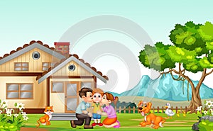 Happy Family Kissing Their Son With Dog, Cat, And Duck in Front of Wood House In Grass Field Cartoon