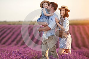Happy family in laveder field. mother, father and child in sunset light in blooming lavender