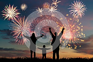 Happy family look fireworks