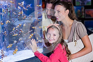 Happy family looking at fish tank