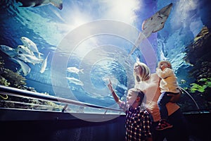 Happy family looking at fish tank at the aquarium