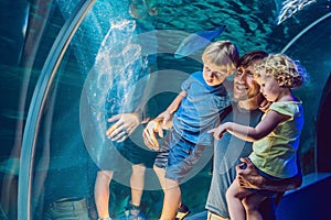 Happy family looking at fish in a tunnel aquarium