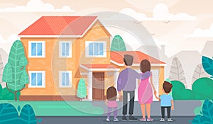 Happy family is looking at their new home. Vector illustration