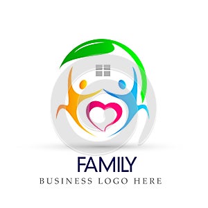 Happy family love heart in nature house logo icon symbol on white background