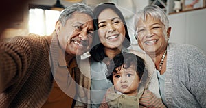 Happy family, love and selfie in a living room relax, bond and laughing in their home. Portrait, smile and baby with